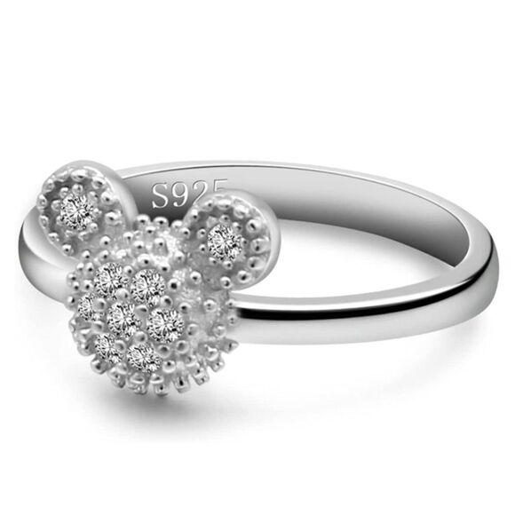 .925 Sterling Silver with White Diamond Cubic Zirconia Mickey Mouse Ring Size 7 - Picture 1 of 8